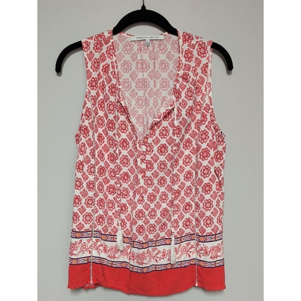 Collective Concepts White and Red Floral Tassel Sleeveless V-Neck Top